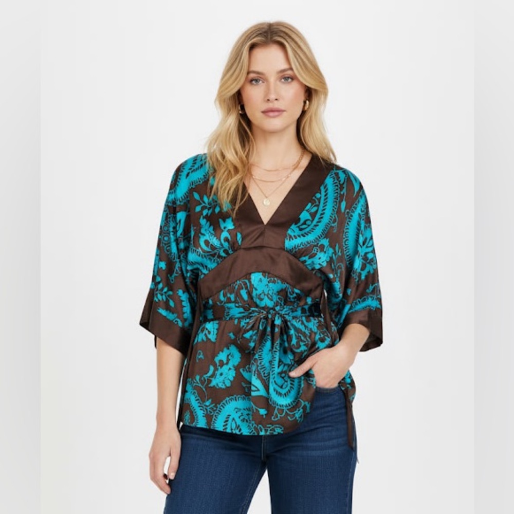 KOPA Vintage Y2K Silk Kimono V Neck Belt Tunic Top Boho Blouse Flowy Bell Floral